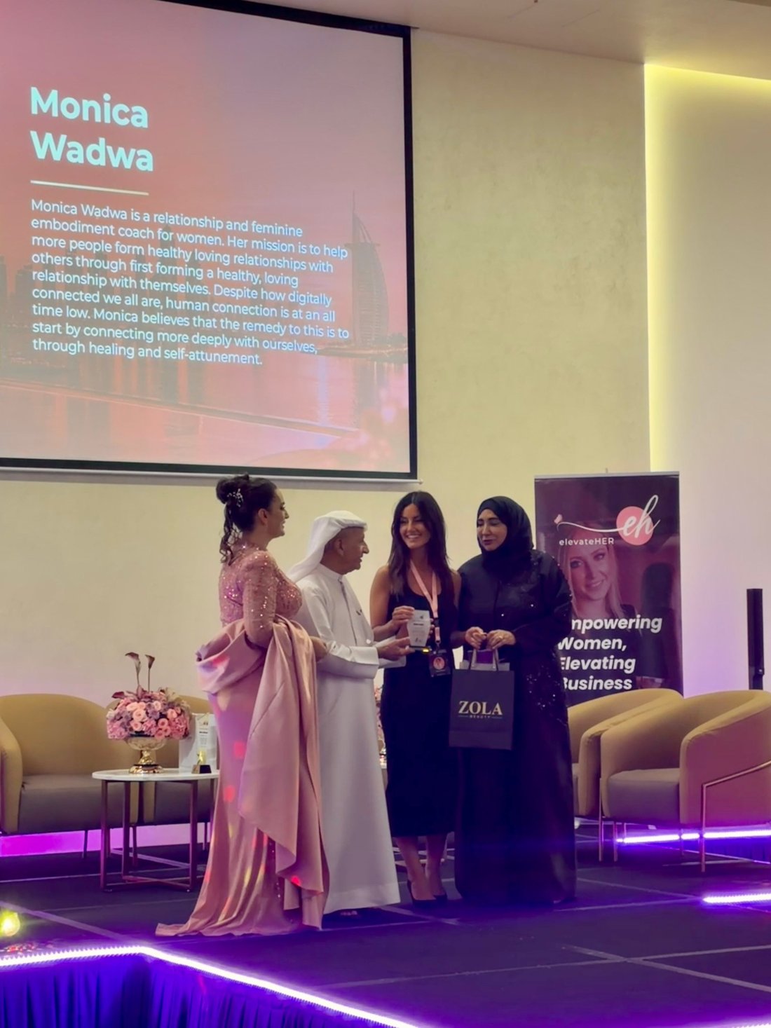 Monica Wadwa on stage at elevateHER, Dubai
