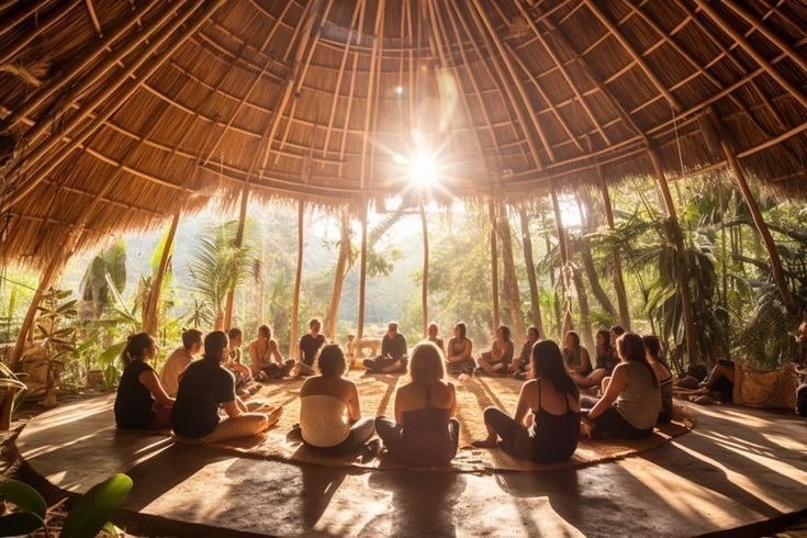 Women in a circle inside a bamboo dome